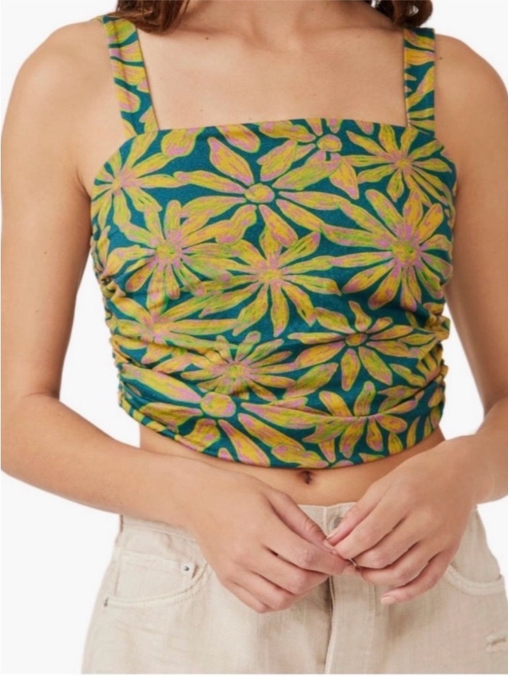 Free people all tied up green yellow floral tank top womens S
